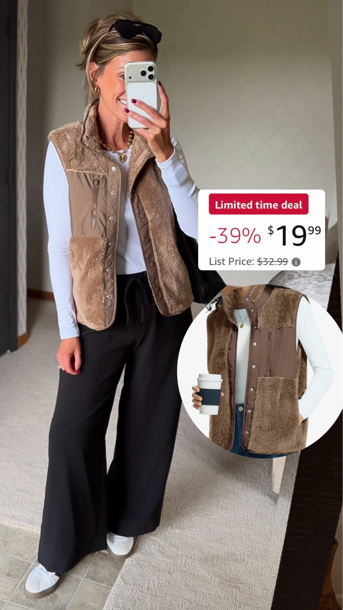 It’s almost vest season. Grab this one while it’s on sale. 
Vest/ small
Top/ small
Pants/ medium 
Sneakers sized down a half size

#LTKOver40 #LTKSeasonal #LTKSaleAlert