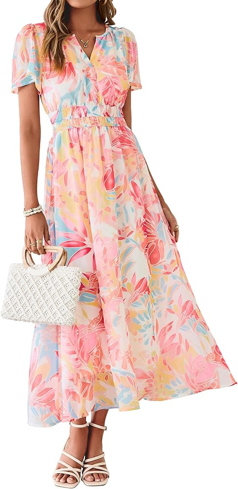 Simplee Women Floral Summer Maxi Dress Boho Flowy Casual Chiffon Short Sleeves V Neck Long Weddin... | Amazon (US)