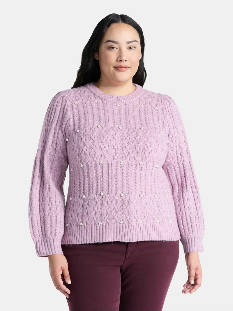 Terra & Sky Women’s Plus Cable Knit Sweater with Faux Pearls, Lightweight, Sizes 0X-5X - Walmar... | Walmart (US)