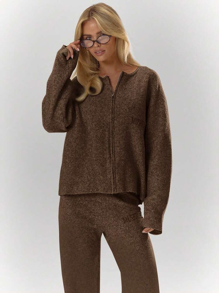 MUSERA Oversized Rib Knit Embroidered Zip Through Long Sleeve Cardigan Only Fall Autumn Cosy Cute Casual Coffee Club Evening Party Elegant Christmas New Year | SHEIN