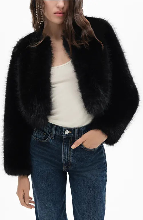 MANGO Boleta Faux Fur Crop Jacket in Black at Nordstrom, Size Large | Nordstrom