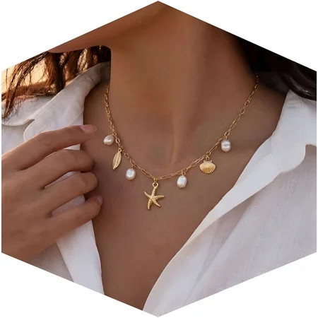 DESIGNICE Shell Starfish Necklace for Women,Gold Plated Boho Layered Beaded Charm Pendant Necklace,Dainty Adjustable Pearl Conch Summer Beach Vacation Jewelry Gifts | Walmart (US)