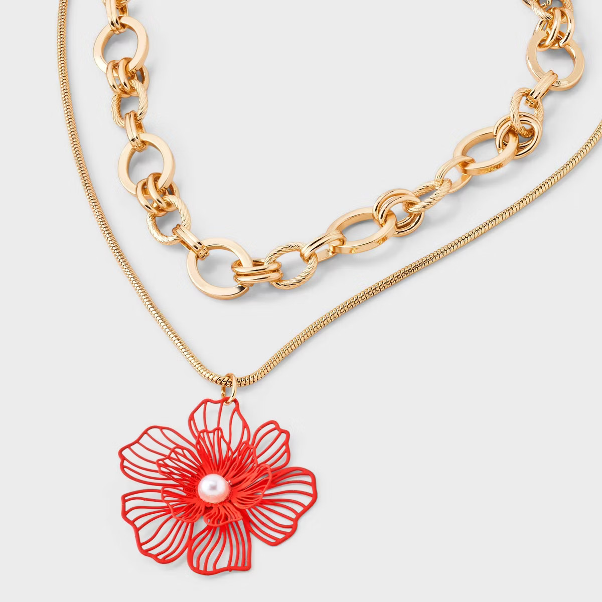 Floral with Pearl Drop Multi-Strand Necklace - A New Day™ - Coral/Gold | Target