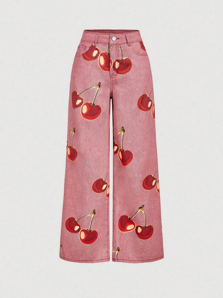 SHEIN MOD Women's Casual Washed Cherry Print Denim Jeans | SHEIN