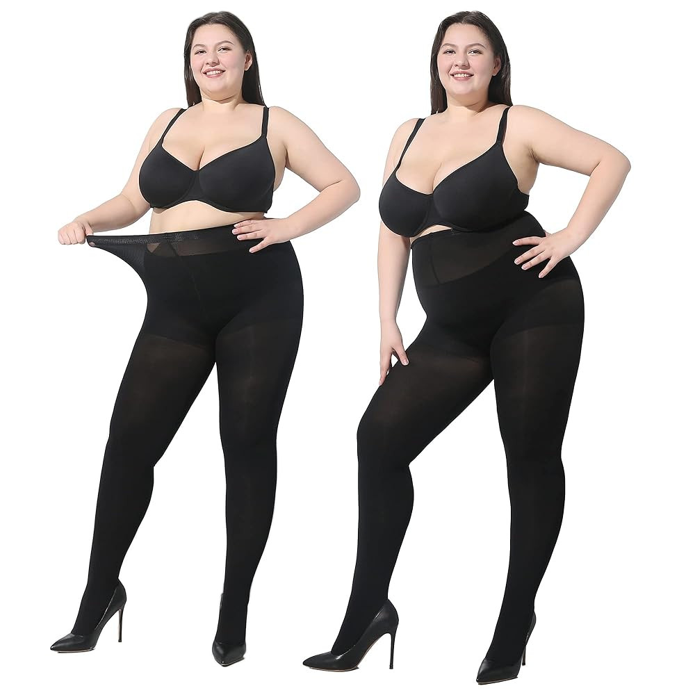 MOOCHI 2 Pairs Women's Plus Size Opaque Tights Control Top High Waist Ultra Soft Elastic | Amazon (US)