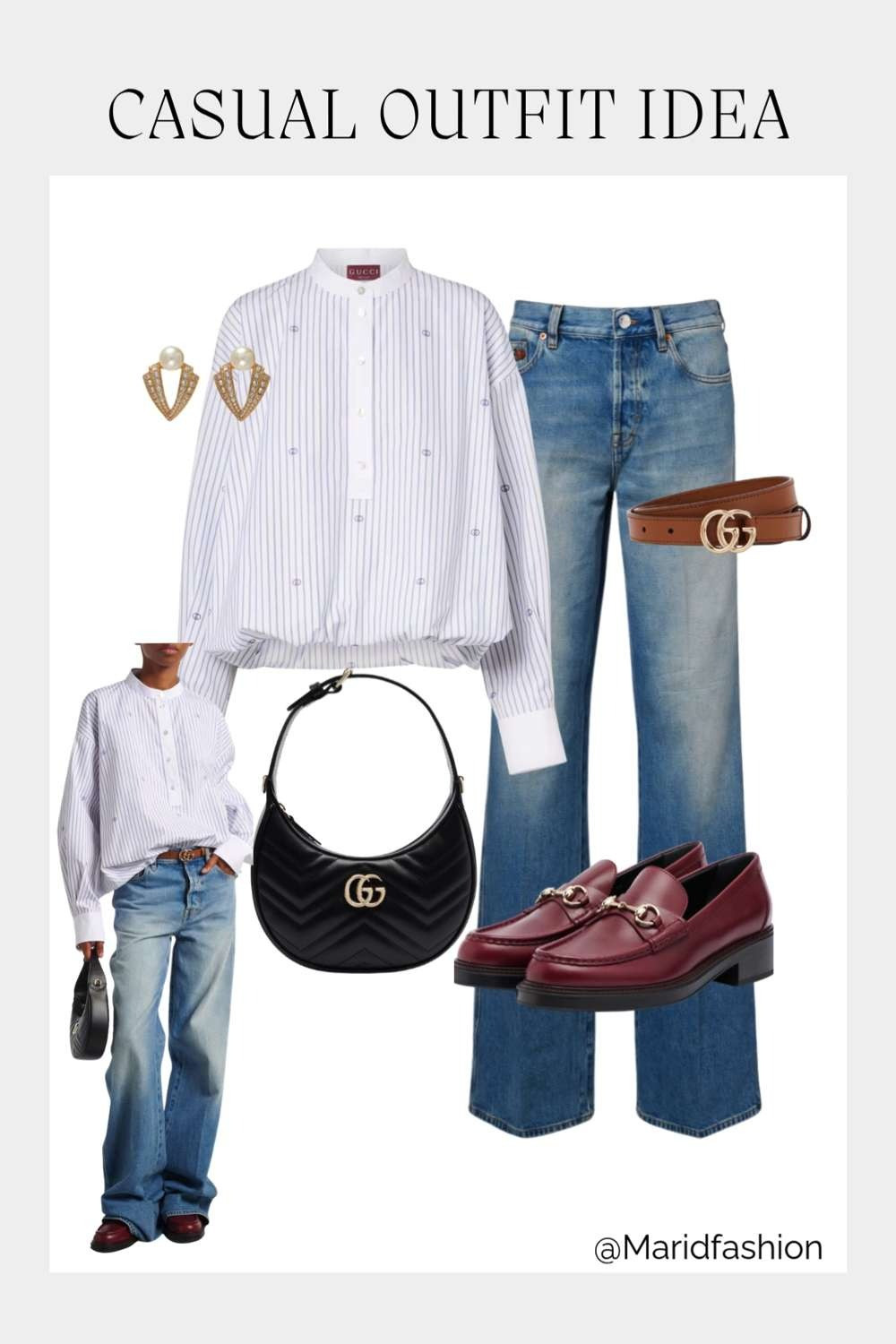 Elevate your everyday look with this effortlessly chic, pinstripe-focused ensemble. The Interlocking G pinstripe cotton shirt offers a polished touch, while mid-rise flared jeans create a flattering, retro-inspired silhouette. Finished with classic leather loafers and a sleek small shoulder bag, it’s the ultimate uniform for a sophisticated casual day out.
#LTKstyletip #CasualLuxury #QuietLuxury #SpringOutfits #DesignerStyle #PinstripeShirt #FlaredJeans #DailyLook #OOTD #ShopTheLook #ClassicStyle #MinimalistFashion 

 #LTKootd #LTKSeasonal #LTKWorkwear