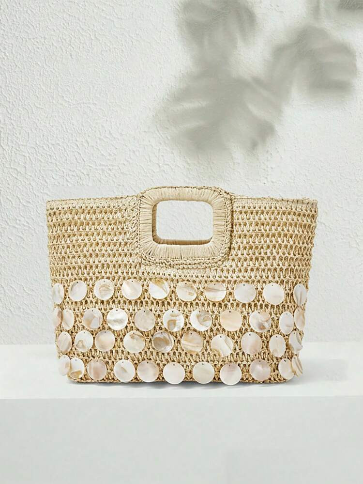 SHECARRY Women's Vacation Casual Pendant Decor Woven Tote Bag | SHEIN