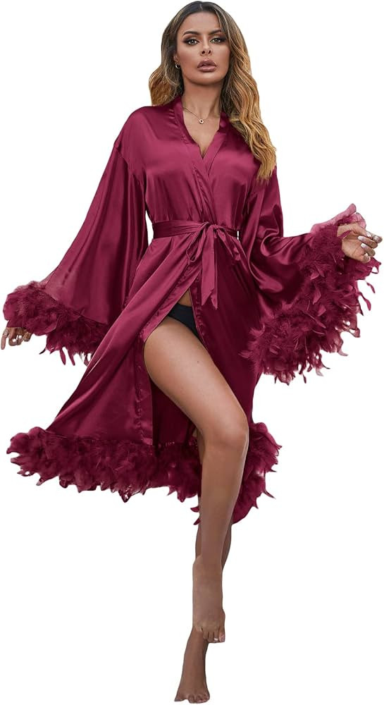 OYOANGLE Women's Elegant V Neck Long Sleeve Fuzzy Trim Belted Satin Robe Nightgowns | Amazon (US)