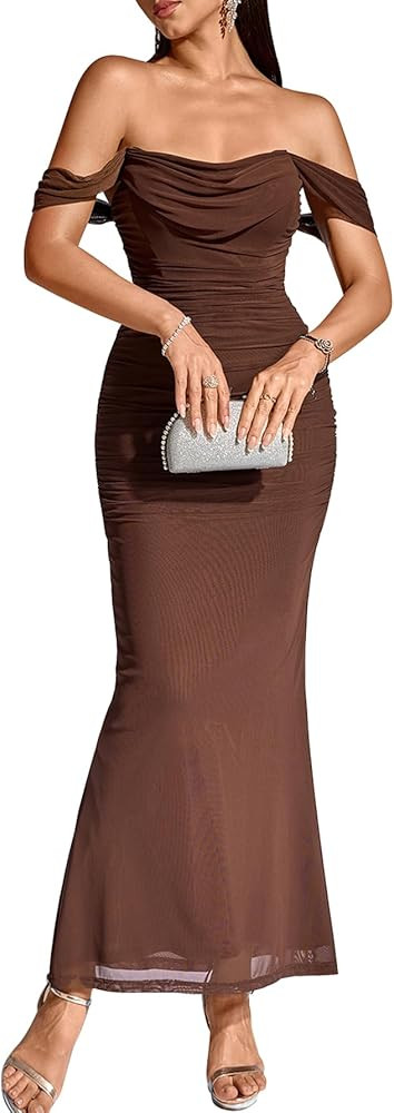 KUTUMAI Off The Shoulder Maxi Long Dress Corset Ruched Bodycon Formal Wedding Guest Dresses for W... | Amazon (US)