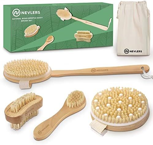 Nevlers Natural Boar Bristle Body Brush Set with Detachable Cellulite Massage Brush and Long Wood... | Amazon (US)