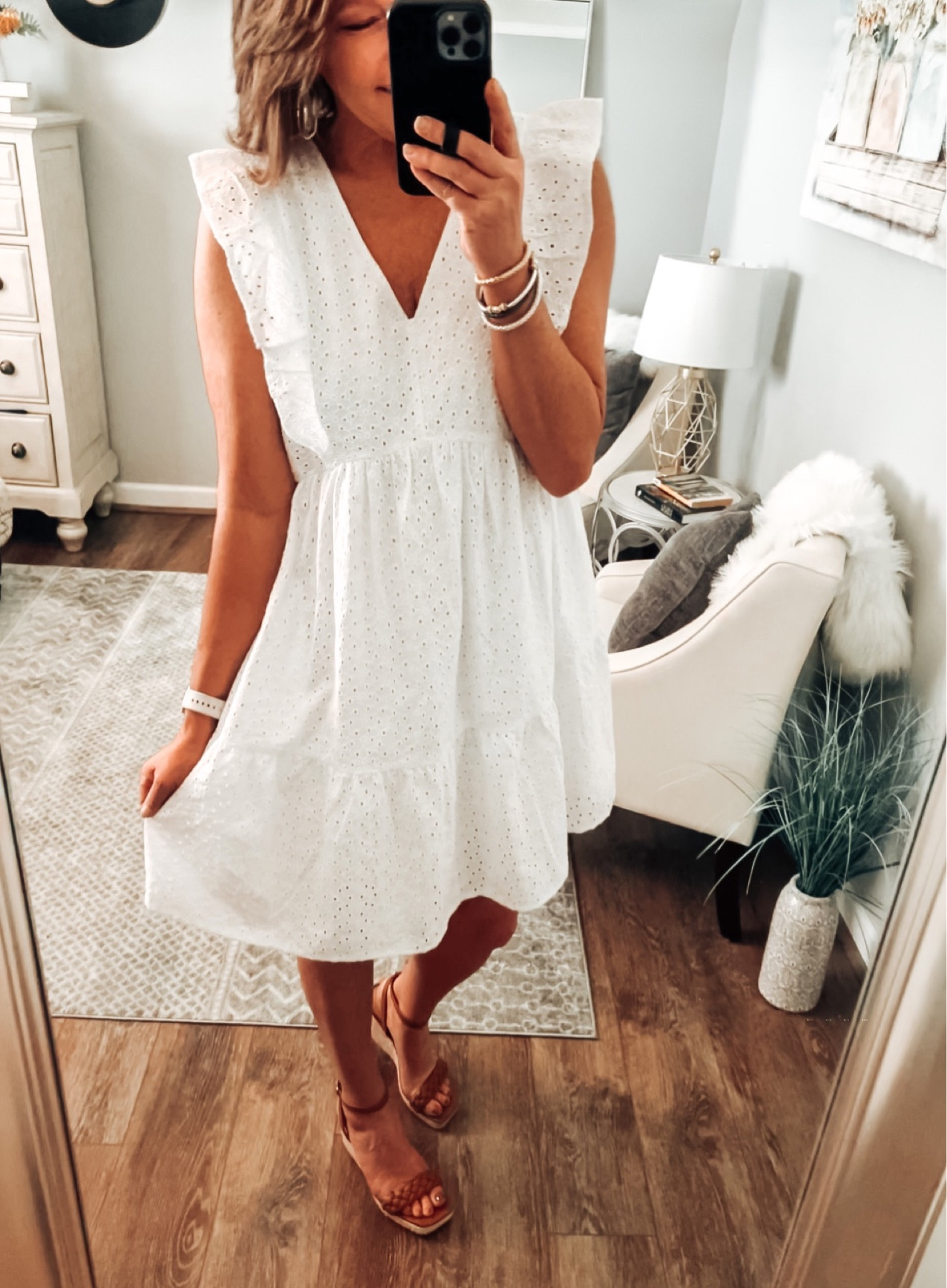 Time and Tru new arrival! Cute white v-neck flutter sleeve dress fits TTS. Added more Best Sellers below. Styled with wedge sandals

White dress, Walmart fashion, Walmart dresses, spring dress, graduation, workwear, date night 

#LTKstyletip #LTKunder50 #LTKsalealert
