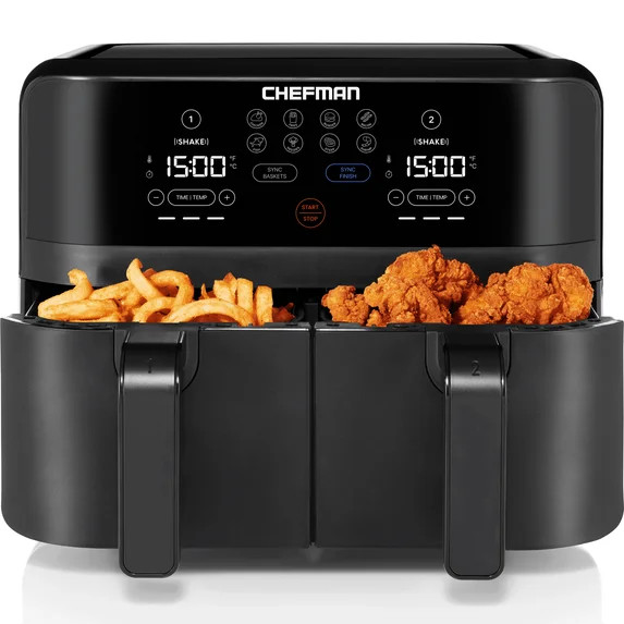 Chefman Turbofry Dual Basket Air Fryer w/ Digital Touch Display, 9 Qt Capacity - Black, New | Walmart (US)