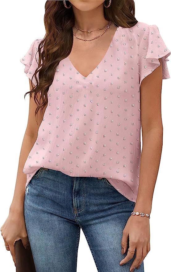 Zeagoo Womens Blouse V Neck Ruffle Short Sleeve Swiss Dot Tops Button Casual Shirts S-XXL | Amazon (US)