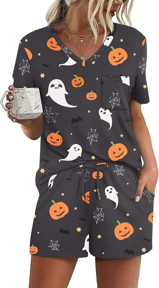 RUBZOOF Women's Short Sleeve Pajama Sets with Pockets Casual V Neck 2 Piece Lounge Sets S-3XL | Amazon (US)