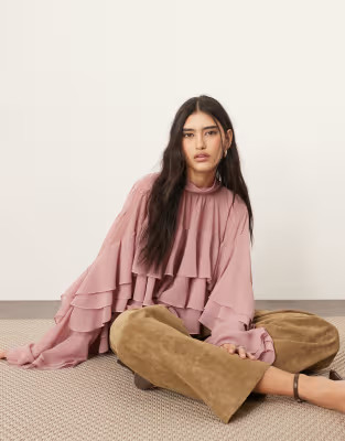 ARRANGE chiffon high neck ultimate ruffle blouse in dusky pink | ASOS | ASOS (Global)