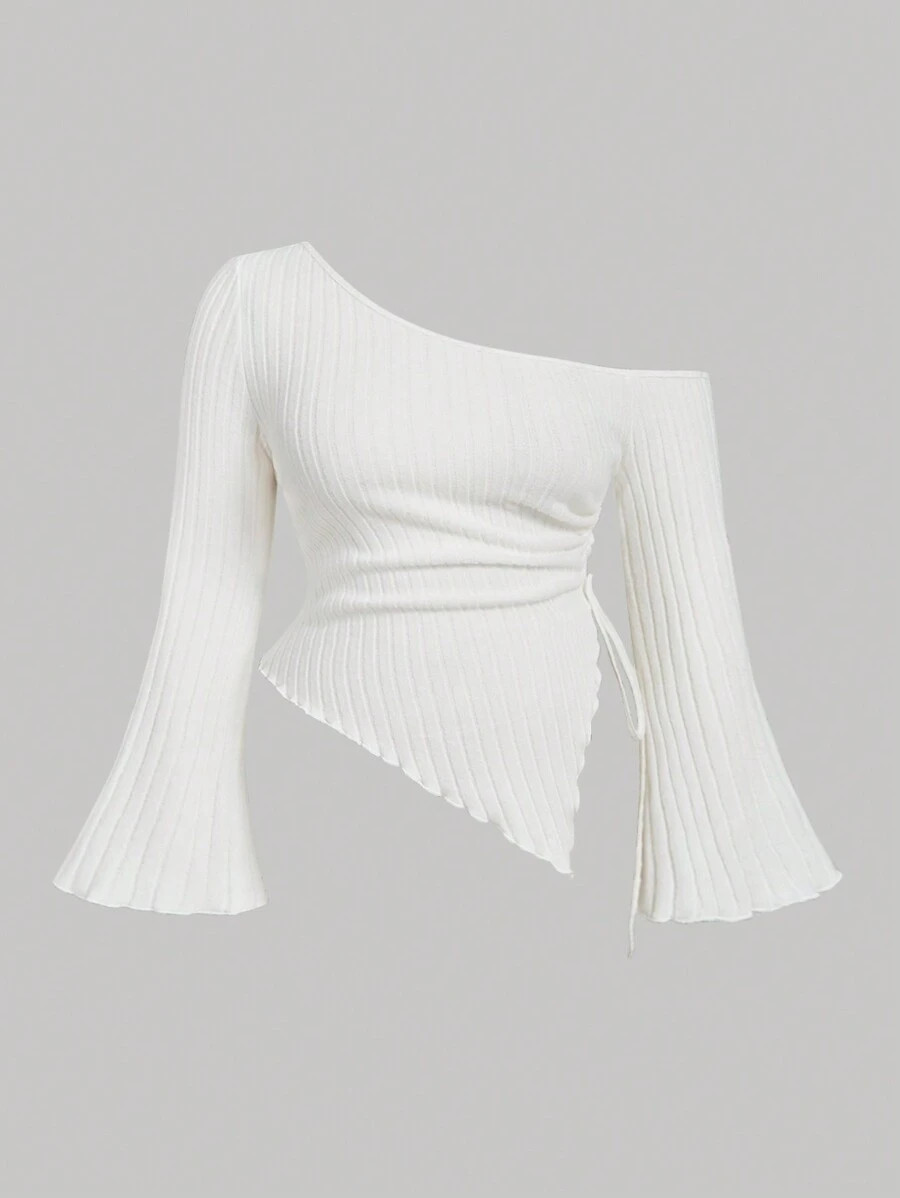 SHEIN MOD Plus Size Women's White Drawstring Asymmetric Hem Flared Sleeve T-Shirt,Off Shoulder T-... | SHEIN