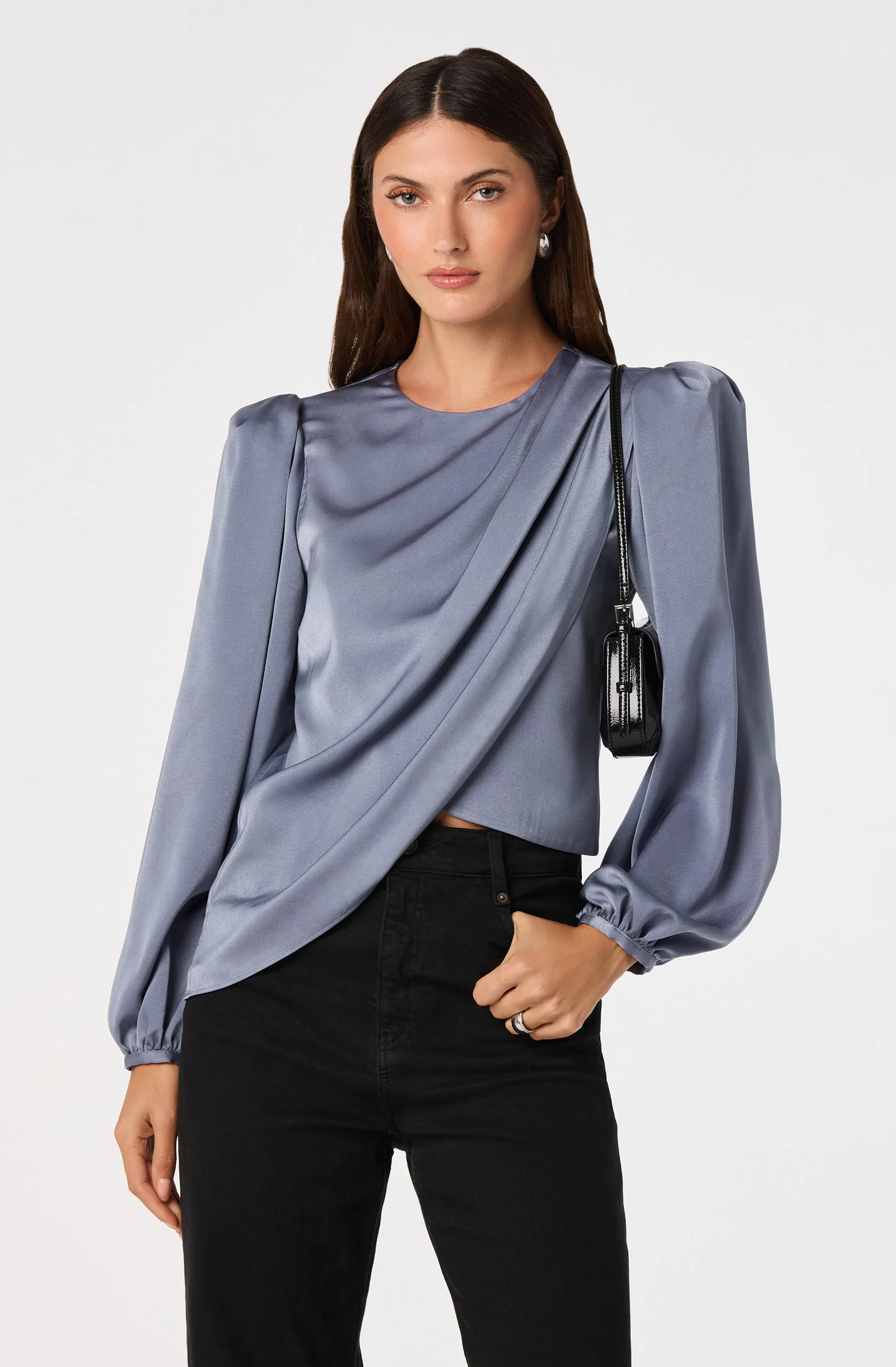 Beatrice Satin Faux-Wrap Blouse - Slate blue / XS | ASTR The Label (US)