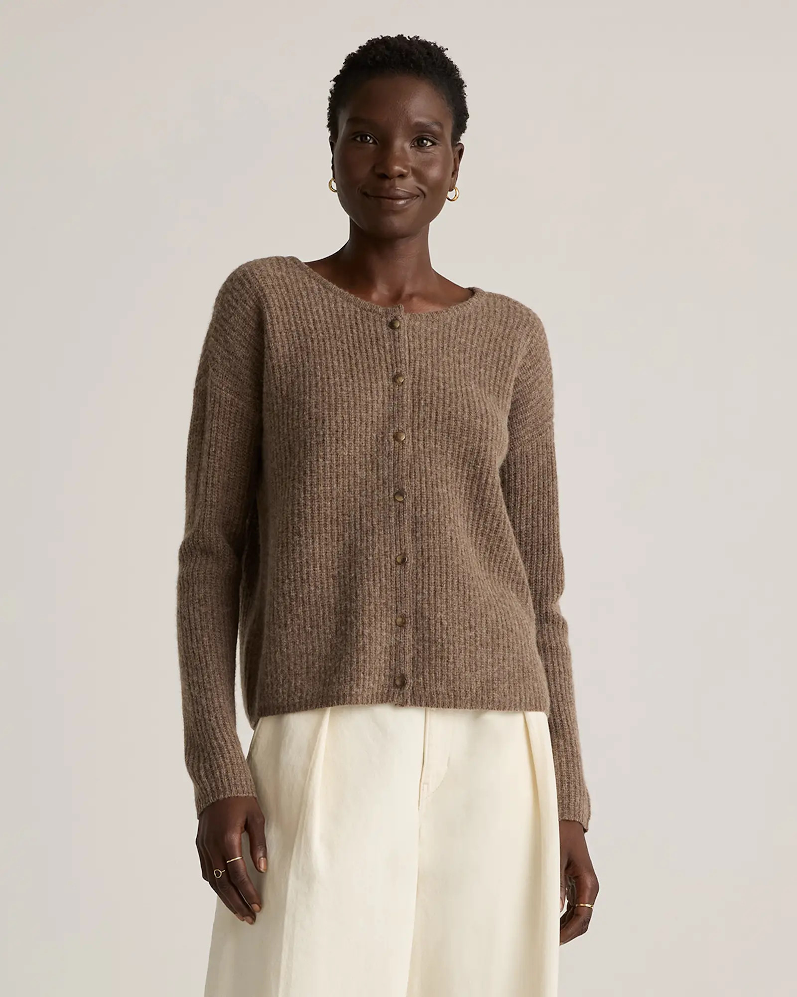 100% Yak Soft Rib Crew Cardigan in Heather Brown | Quince