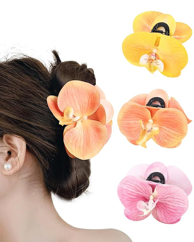 WELROG Orchid Flower Hair Claw Clips 3 Pack - Medium 11cm Spring Hair Claws for Women, Hawaiian B... | Amazon (US)