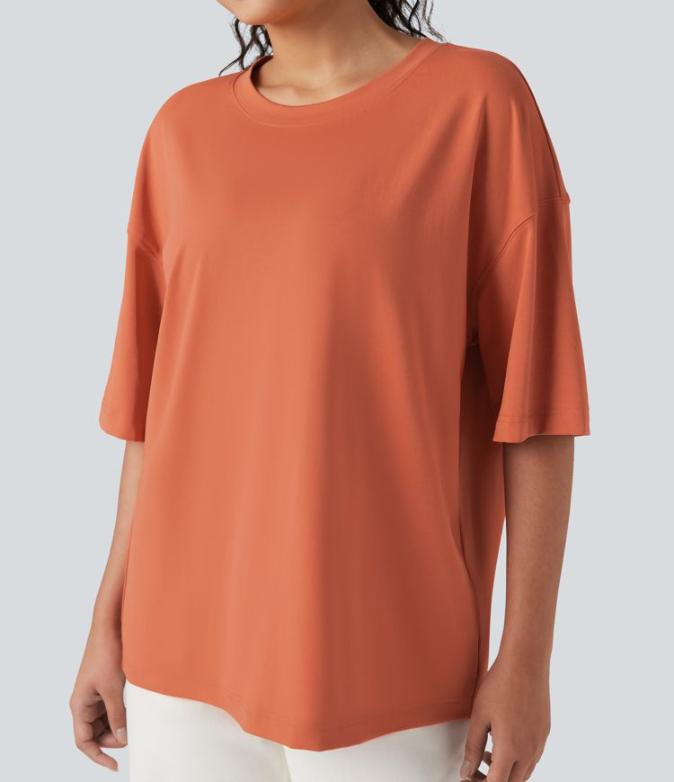 Round Neck Short Sleeve Dropped Shoulder Relaxed Casual Top | HALARA