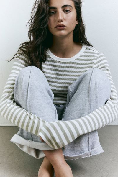 Ribbed Jersey Top - White/striped - Ladies | H&M US | H&M (US + CA)