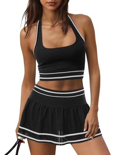 Fisoew Womens 2 Piece Tennis Skirt Sets Workout Set Halter Backless Sports Bra and Golf Skort Athletic Matching Outfits | Amazon (US)