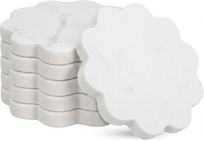 6 Piece Marble Coaster Set 4 x 4 Inch Natural Stone Coasters Scalloped Calacatta White Stone, Lux... | Amazon (US)