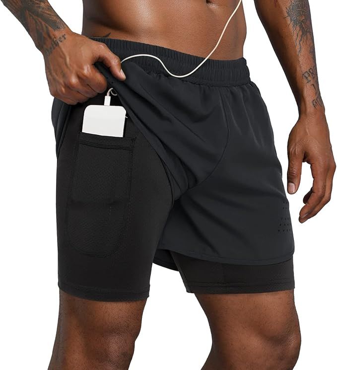 Lulucleaf Men's 2 in 1 Workout Running Shorts 5" Quick Dry Training Yoga Gym Short with Phone Poc... | Amazon (US)