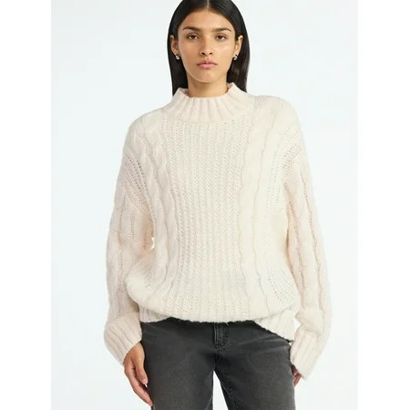 Scoop Women’s Oversized Cable Knit Sweater, Midweight, Size XS-XXL | Walmart (US)