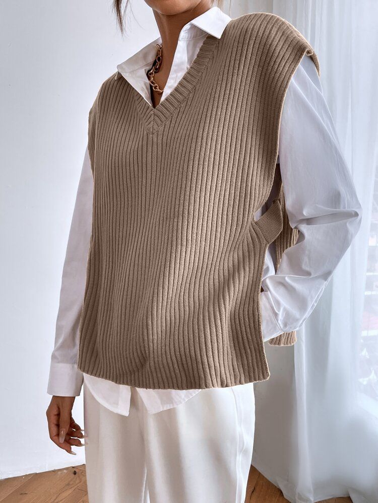 Ribbed Knit Split Hem Sweater Vest Without Blouse | SHEIN