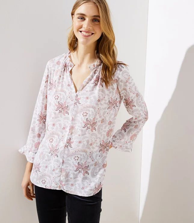 Floral Paisley Ruffle Split Neck Blouse | LOFT | LOFT