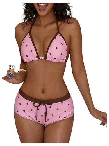 WDIRARA Women's Polka Dots 2 Piece Swimsuit Triangle Halter Bikini Set Boyshorts Bathing Suit | Amazon (US)