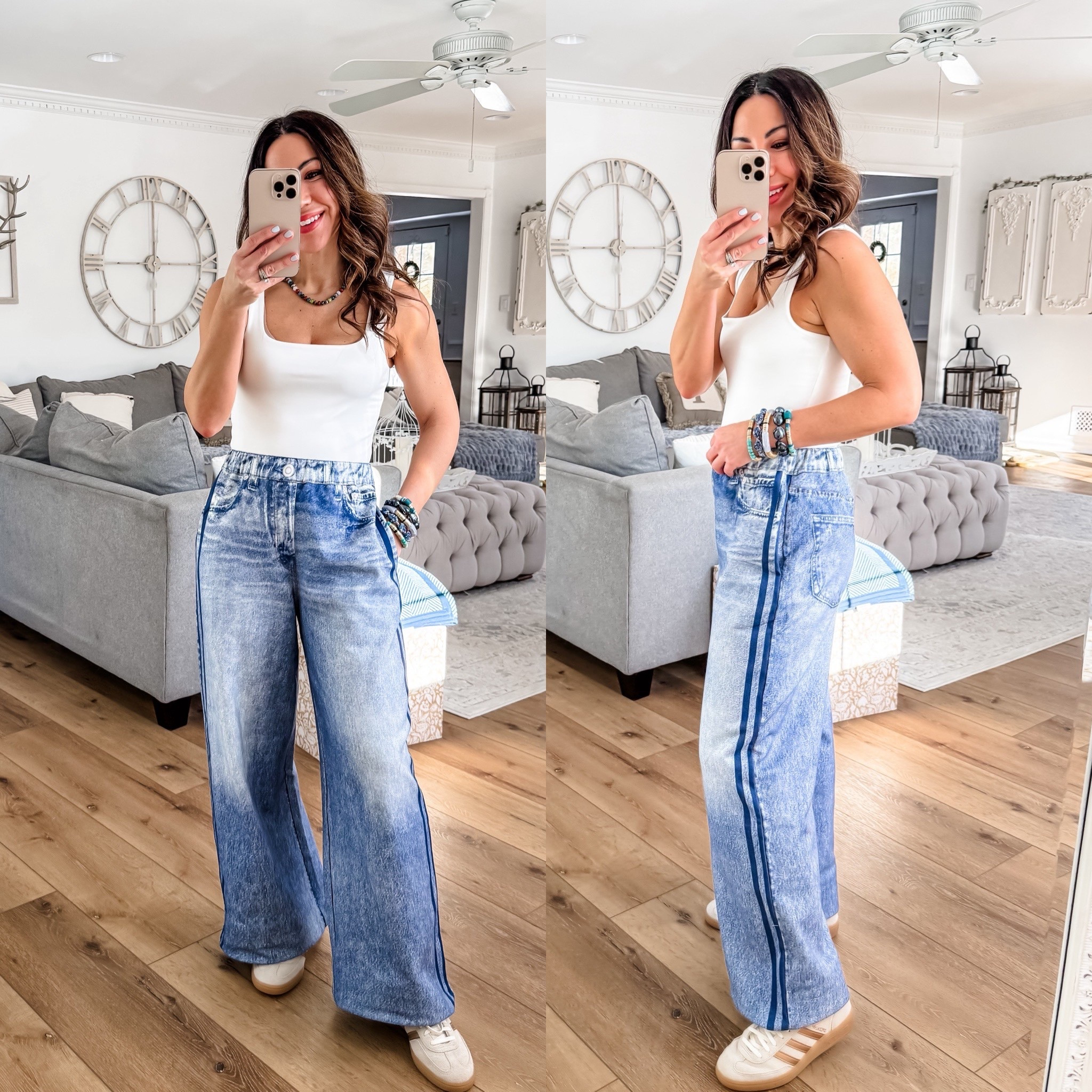 I used hem tape to make mine shorter. Small pants, small white, bodysuit, sneakers size down. Pajama jeans, lounge jeans, sweatpant jeans 

#LTKootd #LTKOver40