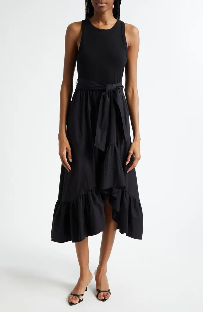 Zayla Mixed Media Ruffle Midi Dress | Nordstrom
