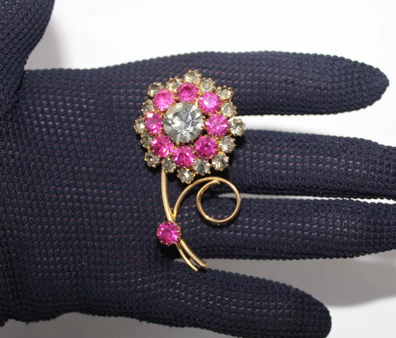 Beautiful Vintage Flower Pin Brooch Fuchsia Pink and Grey Rhinestones Stunning 50s Brooch | Etsy (US)