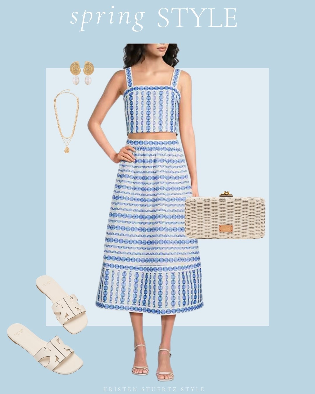 This beautiful two piece skirt set is paired with a Frances Valentine wicker clutch, Kate Spade sandals, and Erika accessories.

@ltk #easter outfits women #date night outfits #spring outfits 2026 #spring dresses #easter dress women #vacation outfits beach #ltkshoecrush #ltkseasonal
 @dillards 

#LTKTall #LTKootd #LTKOver40