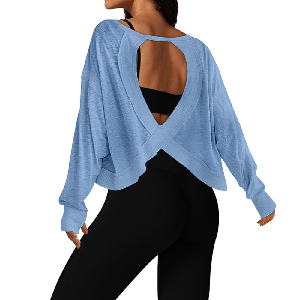 Open Back Workout Tops for Women Long Sleeve Cropped Athletic Clothes Gym Running Yoga Low Impact... | Amazon (US)