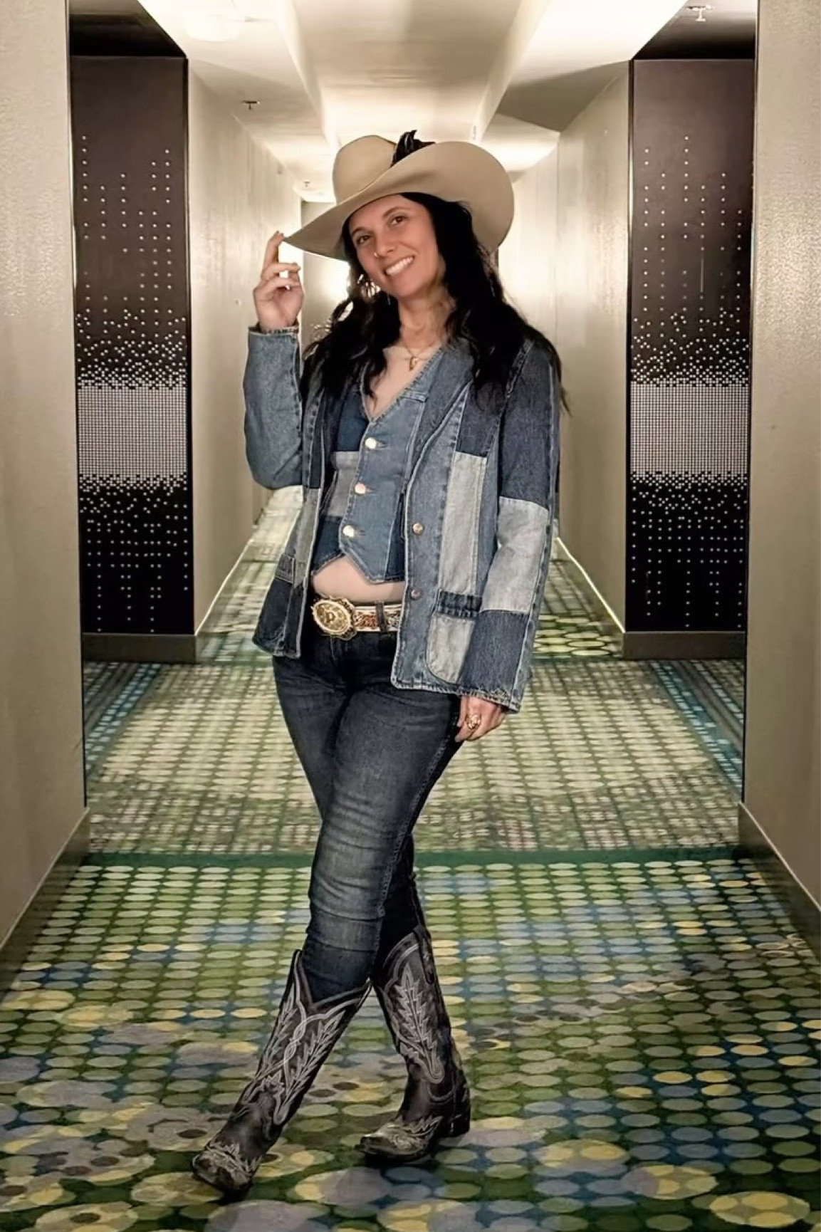 👖✨ NFR Outfit #6 ✨👖
Rocking the Canadian tuxedo in true western style—denim on denim, the Wrangler way! Styled with my favorite Lane boots and topped off with a custom hat and feather by @caseycurtisdesigns. Perfect for the bright lights and energy of Fremont Street. 🌟

When western grit meets Vegas glitter, it’s a look that steals the spotlight. 🎰

Jacket XS | Vest XS | Jeans 26 | Boots 7

#NFRStyle #CanadianTuxedo #DenimOnDenim #WranglerJeans #LaneBoots #CaseyCurtisDesigns #VegasStyle #FremontStreetVibes #WesternFashion #VegasGlitter #RodeoReady #NFROutfitInspo #fypage

#LTKHoliday #LTKSaleAlert #LTKParties