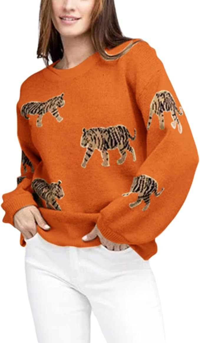 Women Oversized Knit Sweater Tiger Print Long Sleeve Pullover Tops Aesthetic Clothes Streetwear K... | Amazon (US)