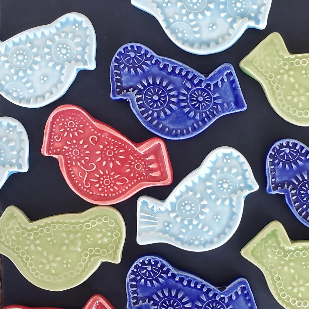 Floral Stamped Bird Mosaic Tile (1pc), Handmade Porcelain Ceramic Tiles for Mosaics, Magnets, Pro... | Etsy (US)