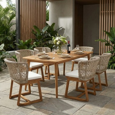 Christopher Knight Home Hruni Modern 7 Piece Patio Acacia Dining Set with Slatted Table and Wicker Back, Teak/Beige | Target