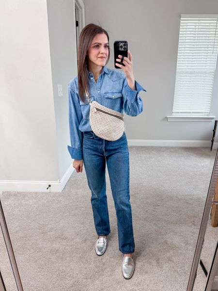 Today’s double denim - Canadian Tuxedo look of the day | chambray top (tts), 90s pinch straight jean (altered, run a bit big imo), metallic silver loafer 

#LTKstyletip