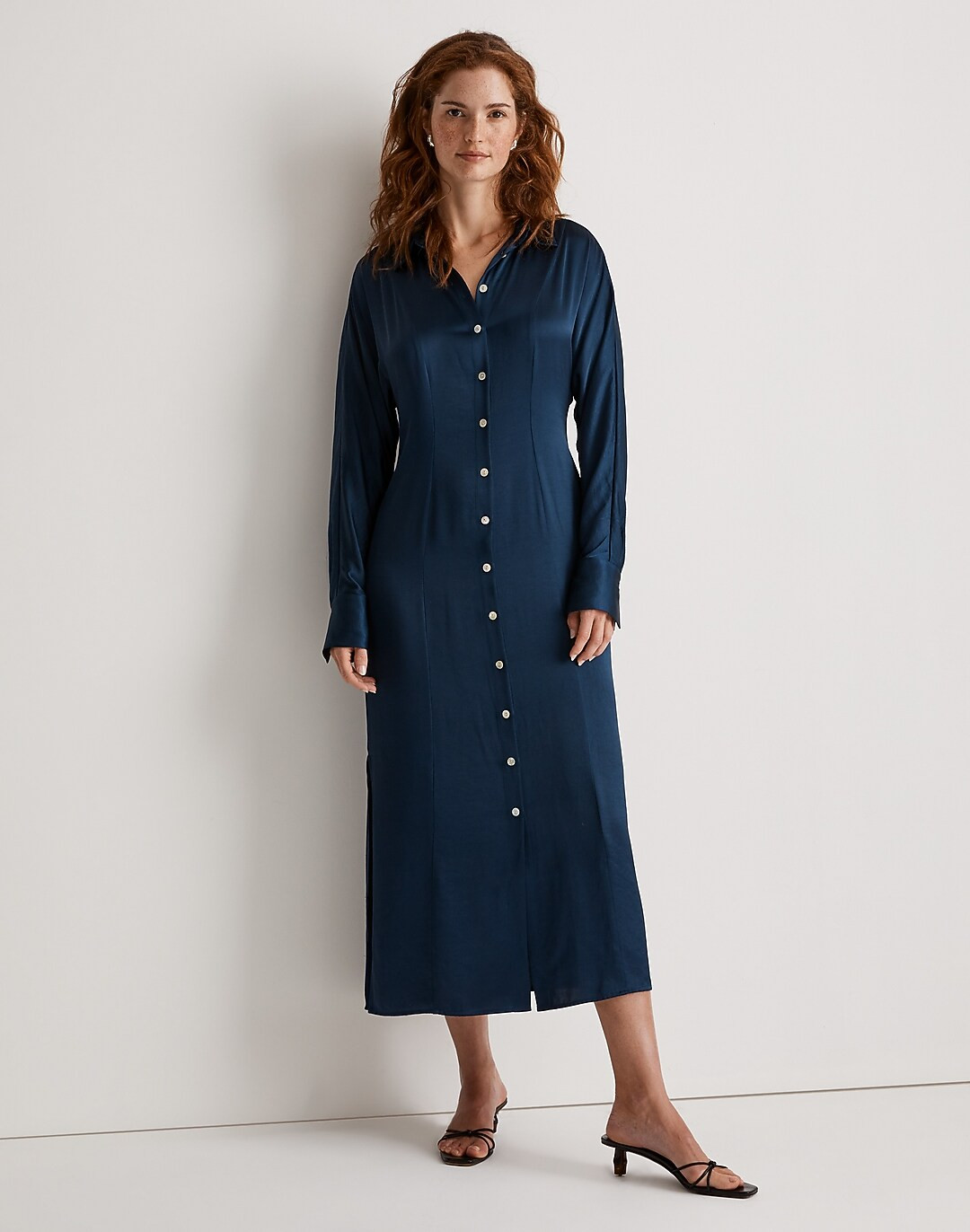 Satin Button-Front Midi Shirtdress | Madewell
