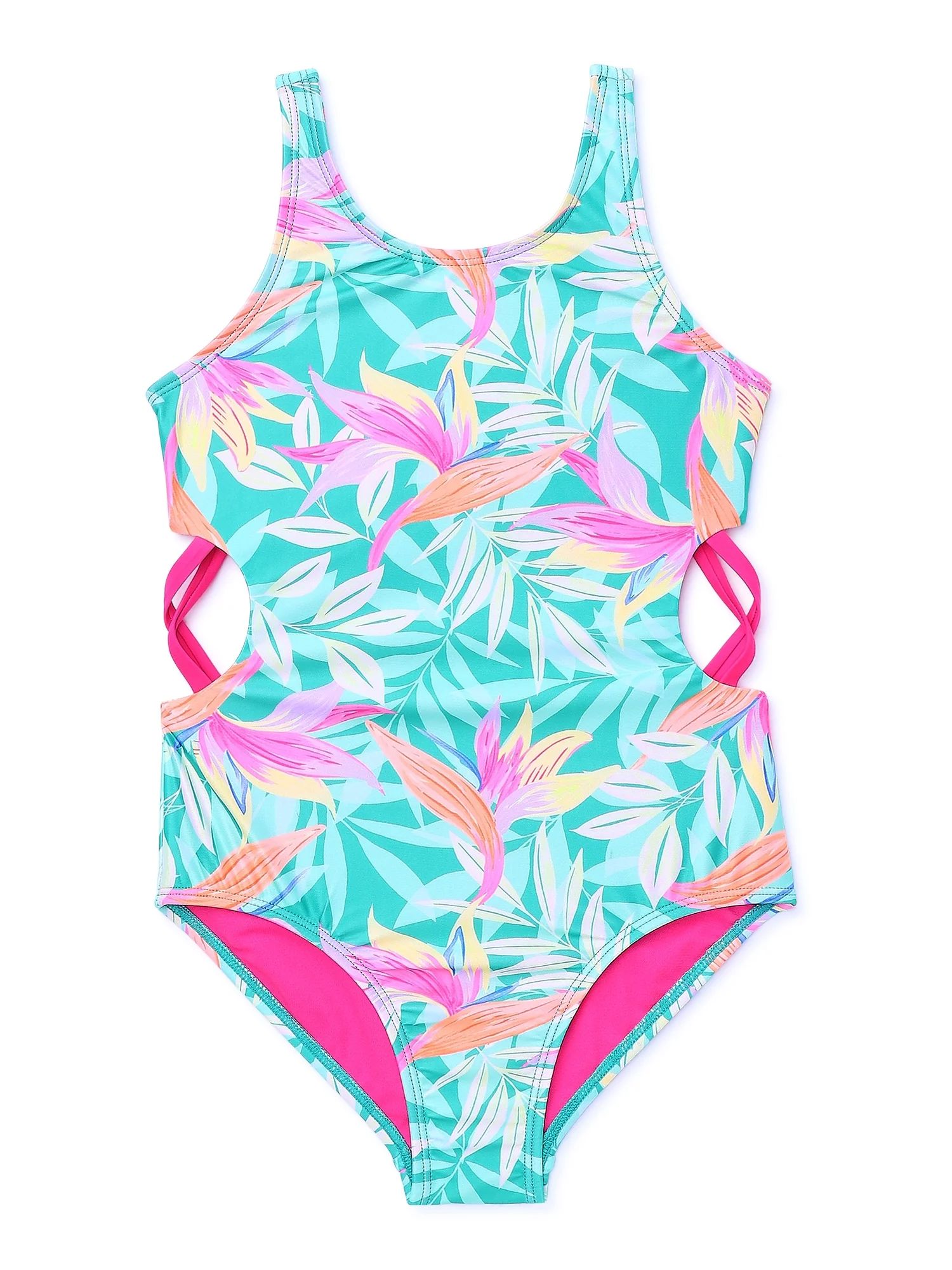 Wonder Nation Girls One-Piece Tropical Swimsuit with Cutouts and UPF 50, Sizes 4-18 & Plus | Walmart (US)