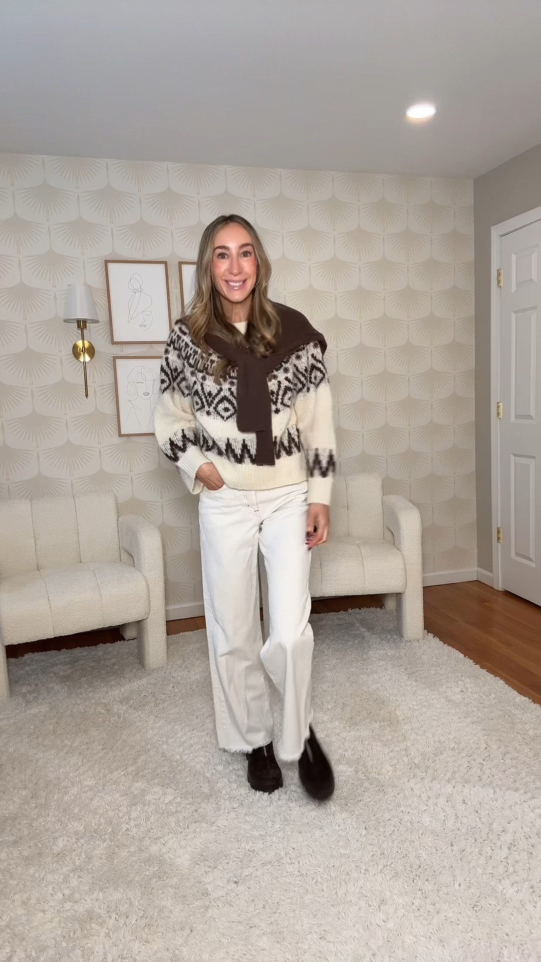 I’m obsessed with this sweater!! I sized down (don’t ask me why) but I’d probably get my true size if I got it again. Pants are my favorites (I have 3 colors - true to size) and boots are such amazing dupes and MVPs this season  