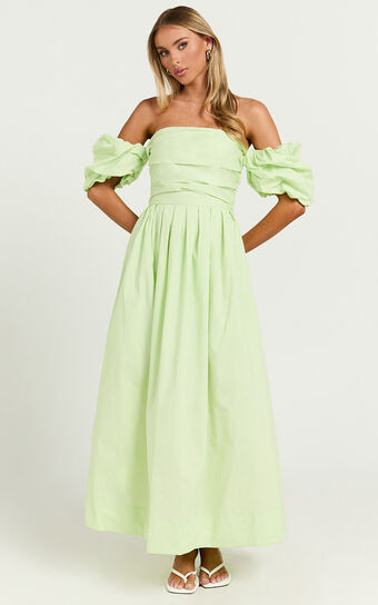Annie Midi Dress - Off The Shoulder Ruffle Sleeve Pleated Dress in Lime | Showpo (US, UK & Europe)