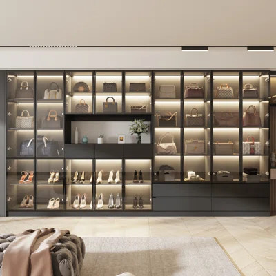 Walk-In Closet System With LED Glass Doors, Aluminum Frame, Push-Open | Wayfair North America