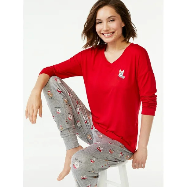 Joyspun Women's Long Sleeve Sleep Top and Jogger PJ Set, 2-Piece, Sizes up to 3X - Walmart.com | Walmart (US)
