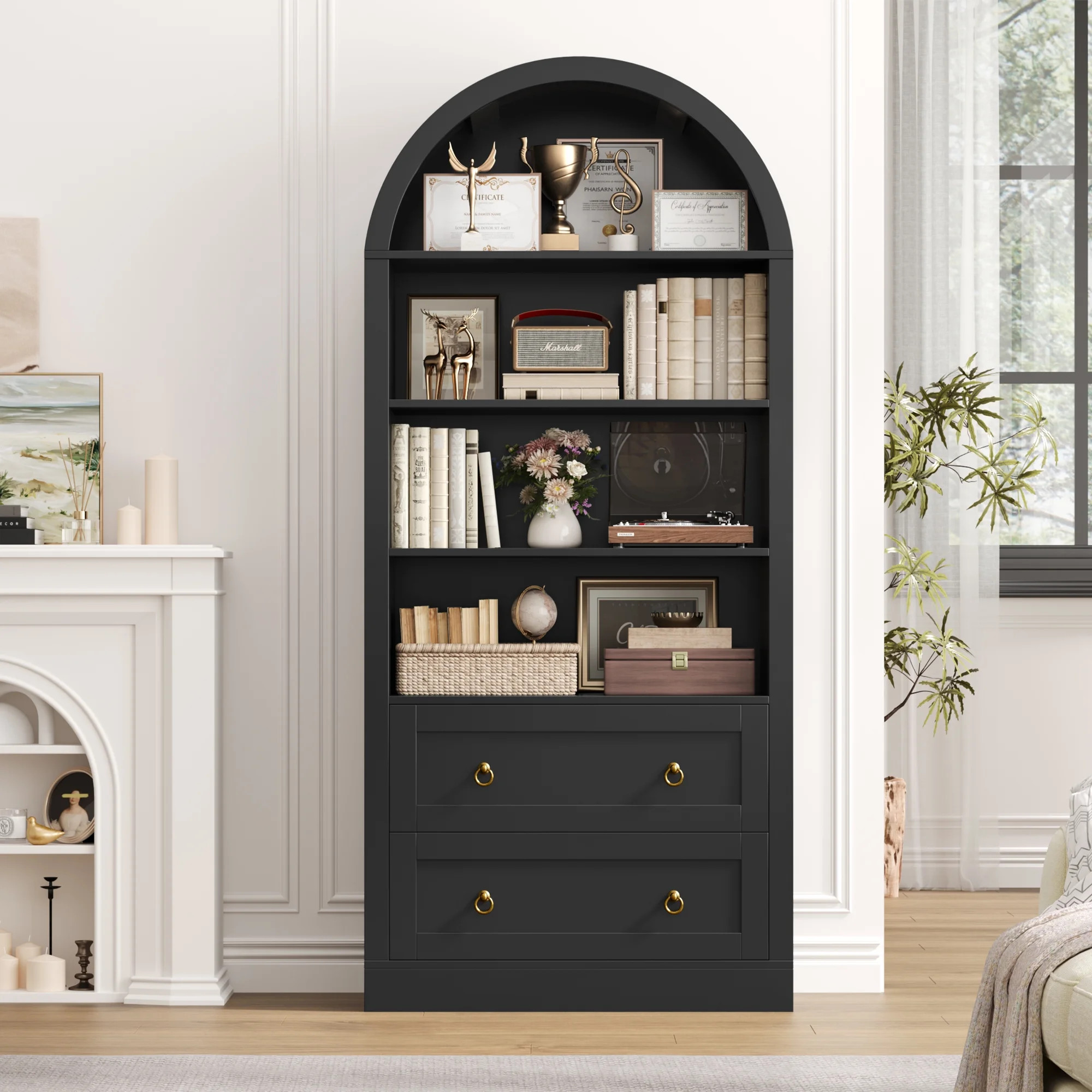 Hiphuta 70"Tall Arched Bookshelf, 4-Tier Bookcase with 2 Large Drawers, Wooden Display Shelf with... | Walmart (US)