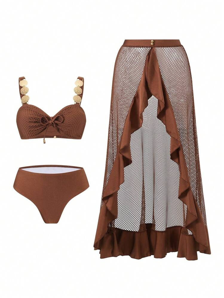 Swim Oasis Women's Summer Beach Swimwear Set, Personalized Casual Elegant Noble Lady Style, Hollow-Out Special Fabric, Beach, Pool, Leisure Party Holiday, Spring/Summer | SHEIN